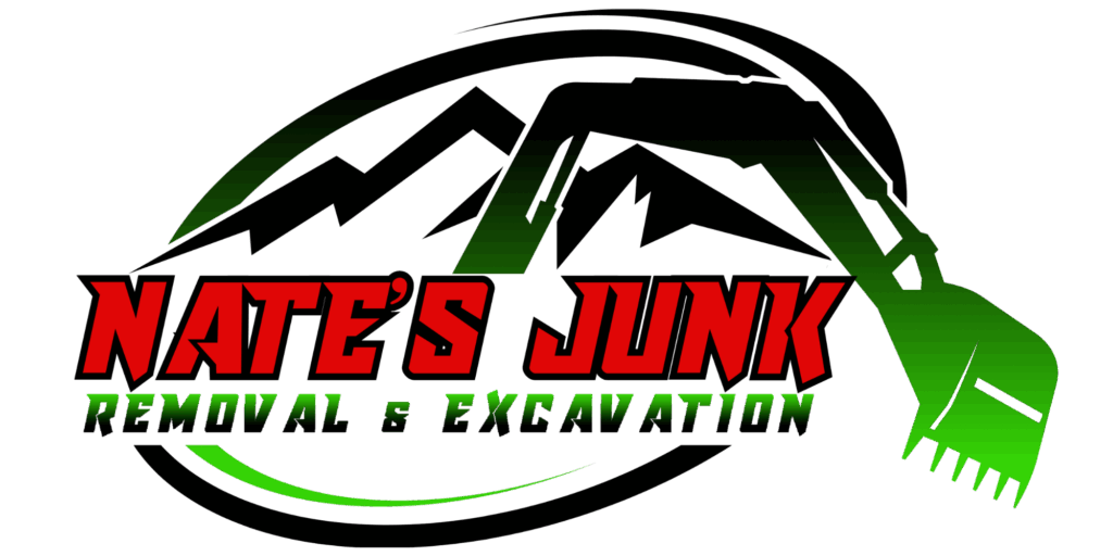 Nate’s Junk Removal & Excavation logo featuring mountains, an excavator arm, and bold red and green lettering
