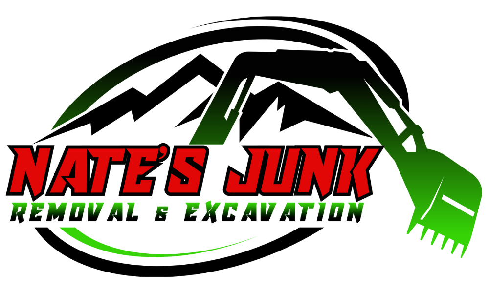 Nate’s Junk Removal & Excavation logo featuring mountain silhouette, excavator arm, and bold red and green typography